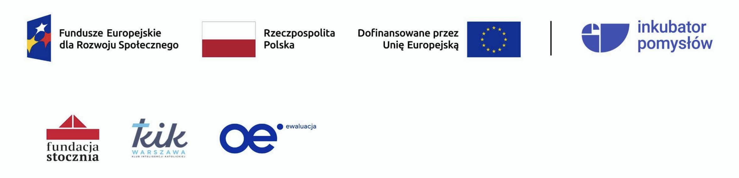 Logotypy: Fundusze Europejskie dla Rozwoju Społecznego, Rzeczpospolita Polska, Dofinansowane przez Unię Europejską, Inkubator Pomysłów, Fundacja Stocznia, KIK Warszawa, Ośrodek Ewaluacji